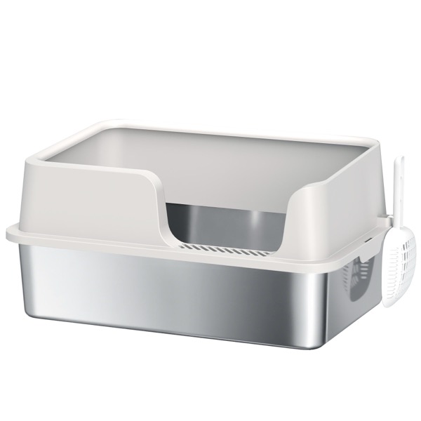 PawHut arenero de acero inoxidable XL con borde alto y pala (gris claro)